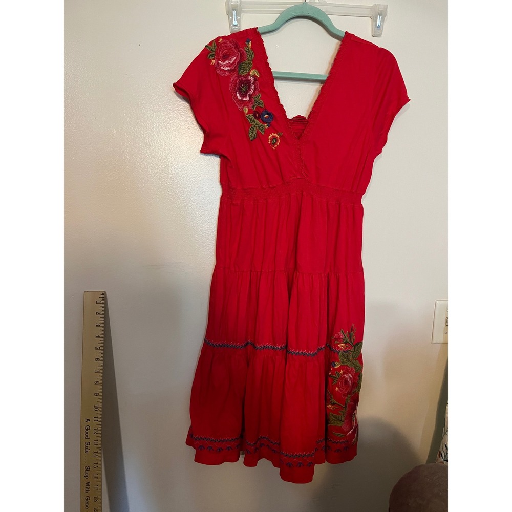 JW Los Angeles Red Floral Embroidered Tiered Smocked Midi Peasant Dress Large
